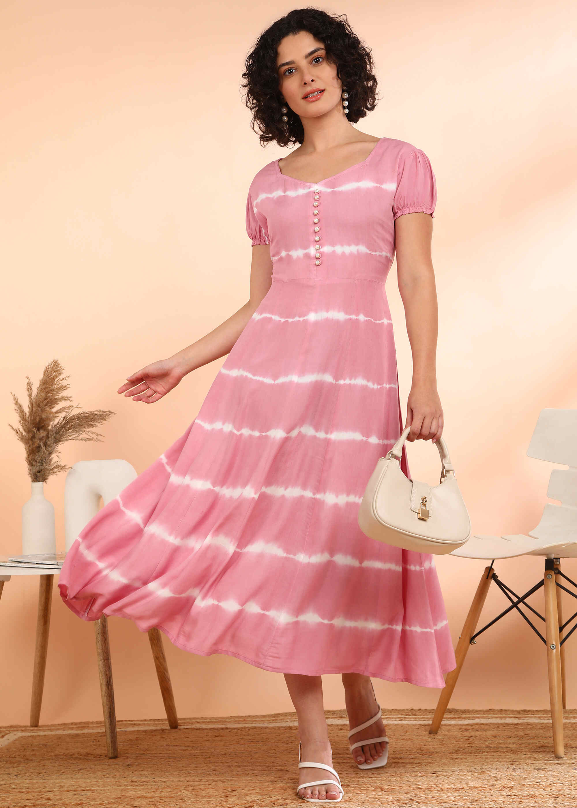 Women Handmade Floral Rayon Flared Pink Dress (W1610)