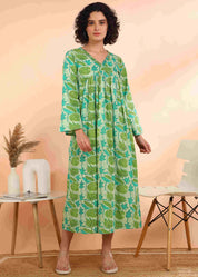 Women Handmade Floral Print Cotton Blend Flared Light green Dress (W1612)