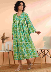 Women Handmade Floral Print Cotton Blend Flared Light green Dress (W1612)