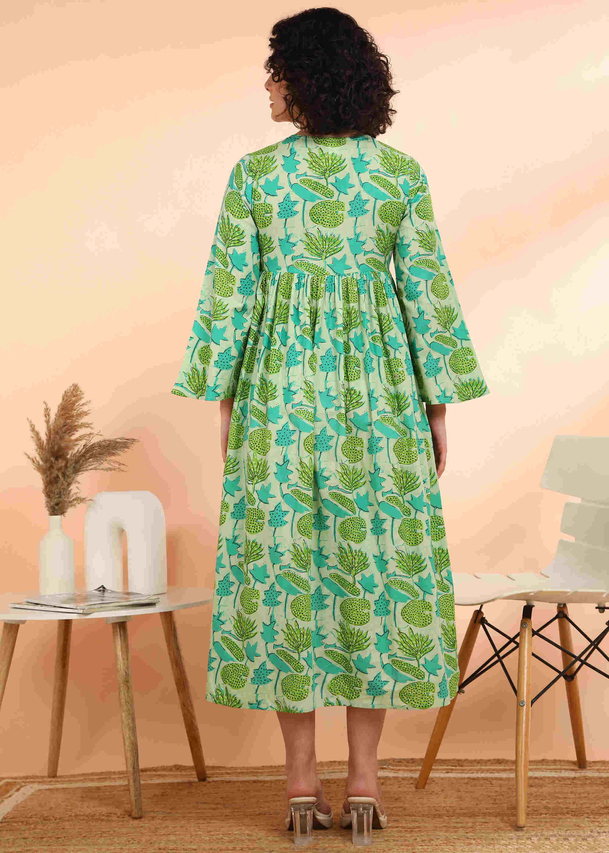 Women Handmade Floral Print Cotton Blend Flared Light green Dress (W1612)