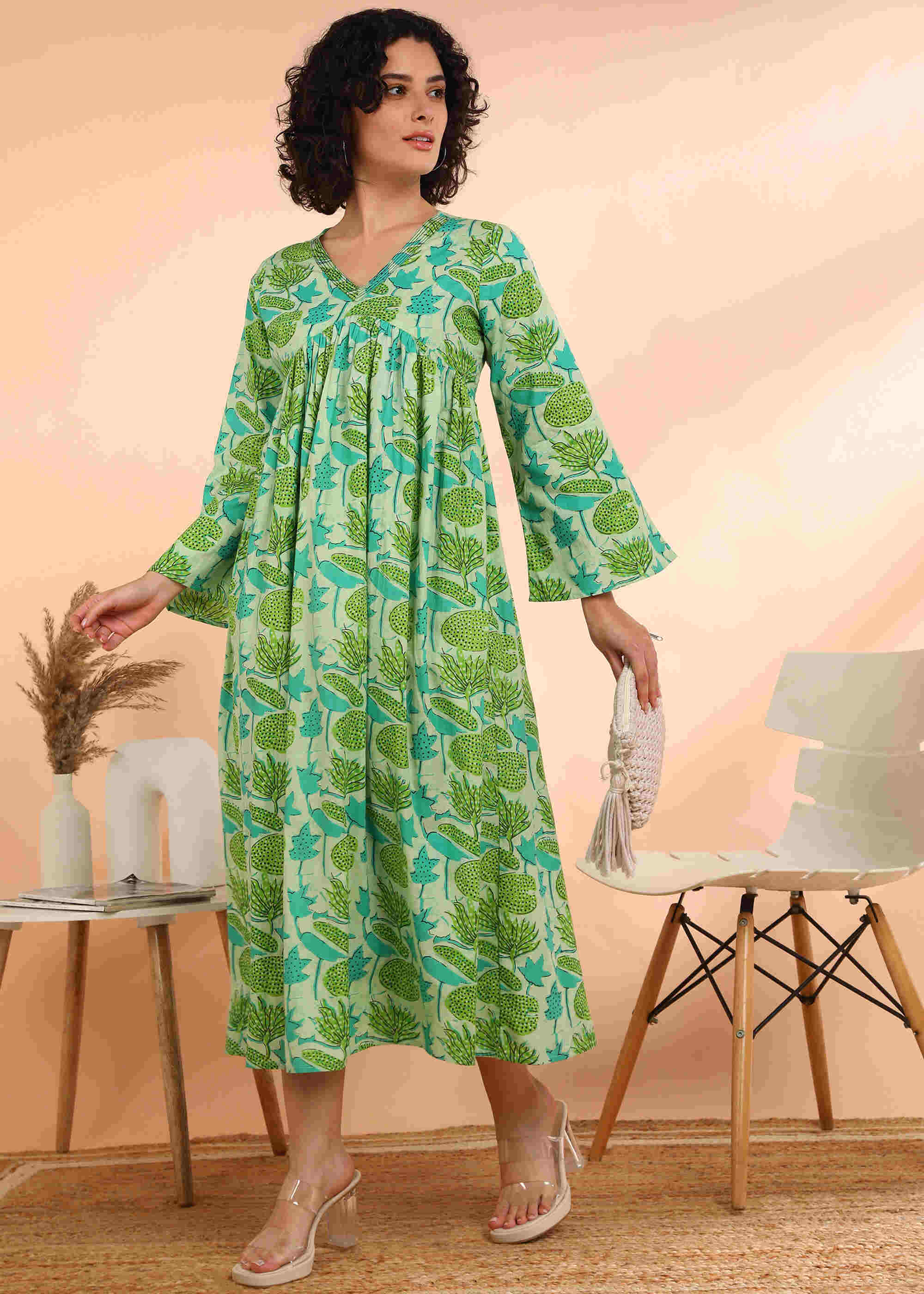 Women Handmade Floral Print Cotton Blend Flared Light green Dress (W1612)