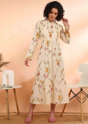 Women Handmade Floral Cotton Blend Flared Yellow Dress (W1613)