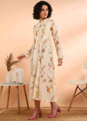 Women Handmade Floral Cotton Blend Flared Yellow Dress (W1613)