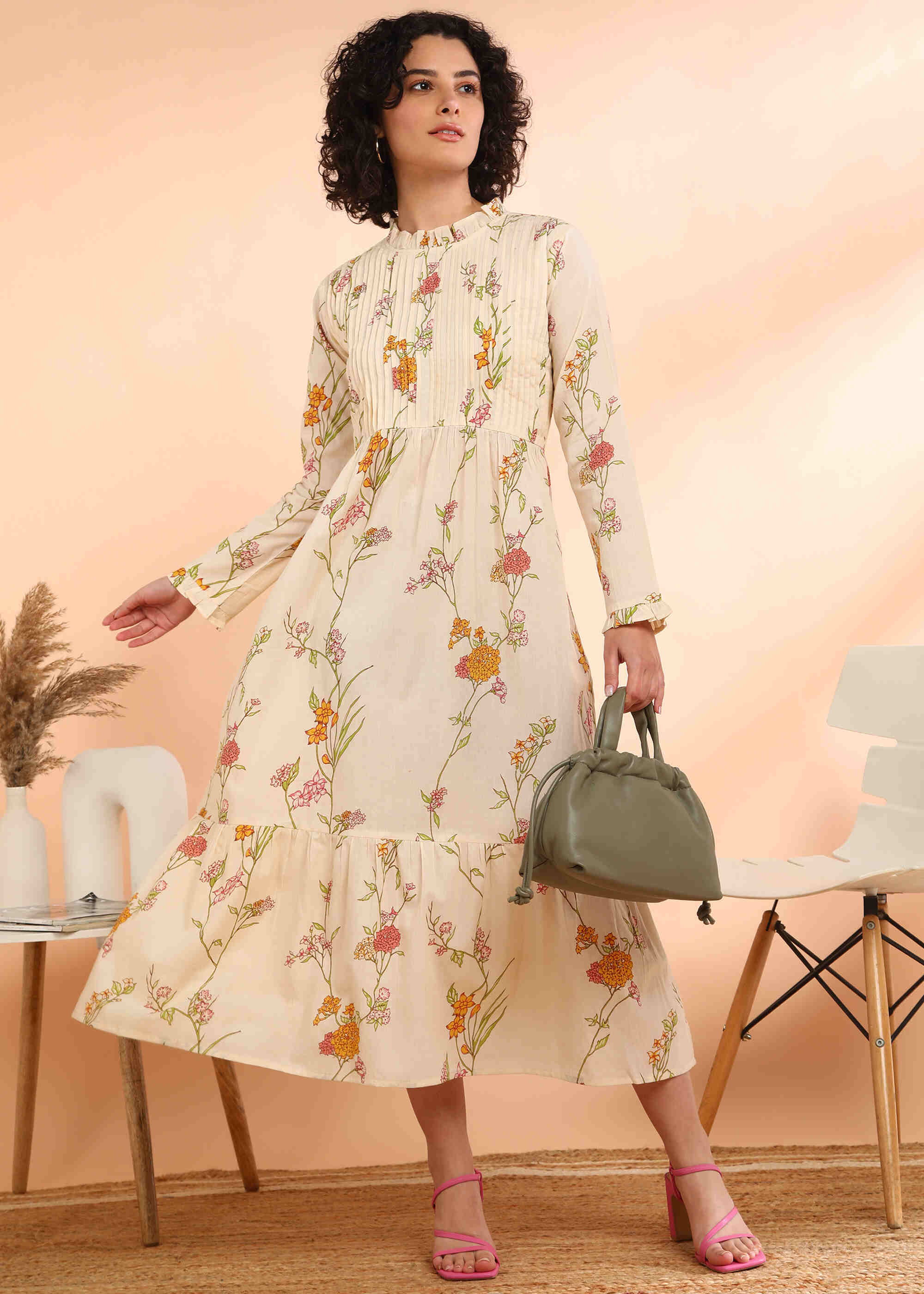 Women Handmade Floral Cotton Blend Flared Yellow Dress (W1613)