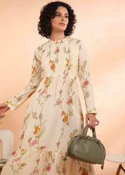 Women Handmade Floral Cotton Blend Flared Yellow Dress (W1613)