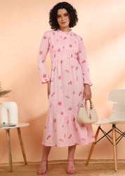 Women Handmade Floral Cotton Blend Flared Pink Dress (W1614)