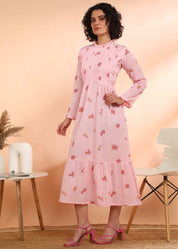 Women Handmade Floral Cotton Blend Flared Pink Dress (W1614)