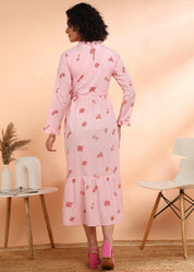 Women Handmade Floral Cotton Blend Flared Pink Dress (W1614)