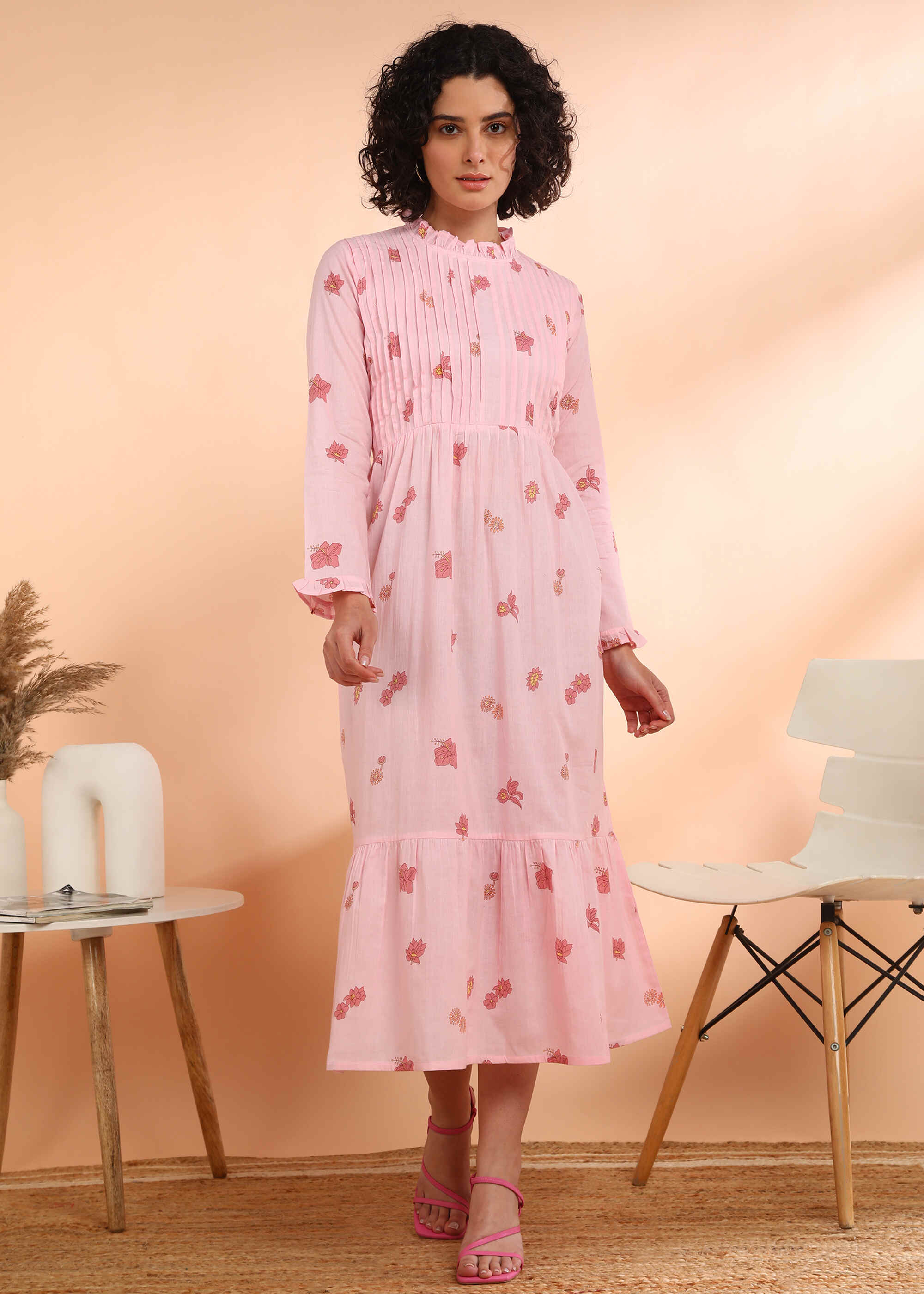 Women Handmade Floral Cotton Blend Flared Pink Dress (W1614)