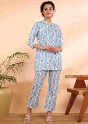 Women Handmade  Cotton Straight Blue Co-ord Set (W1616)