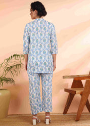 Women Handmade  Cotton Straight Blue Co-ord Set (W1616)