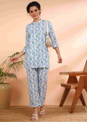 Women Handmade  Cotton Straight Blue Co-ord Set (W1616)