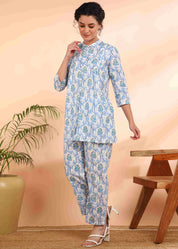 Women Handmade  Cotton Straight Blue Co-ord Set (W1616)