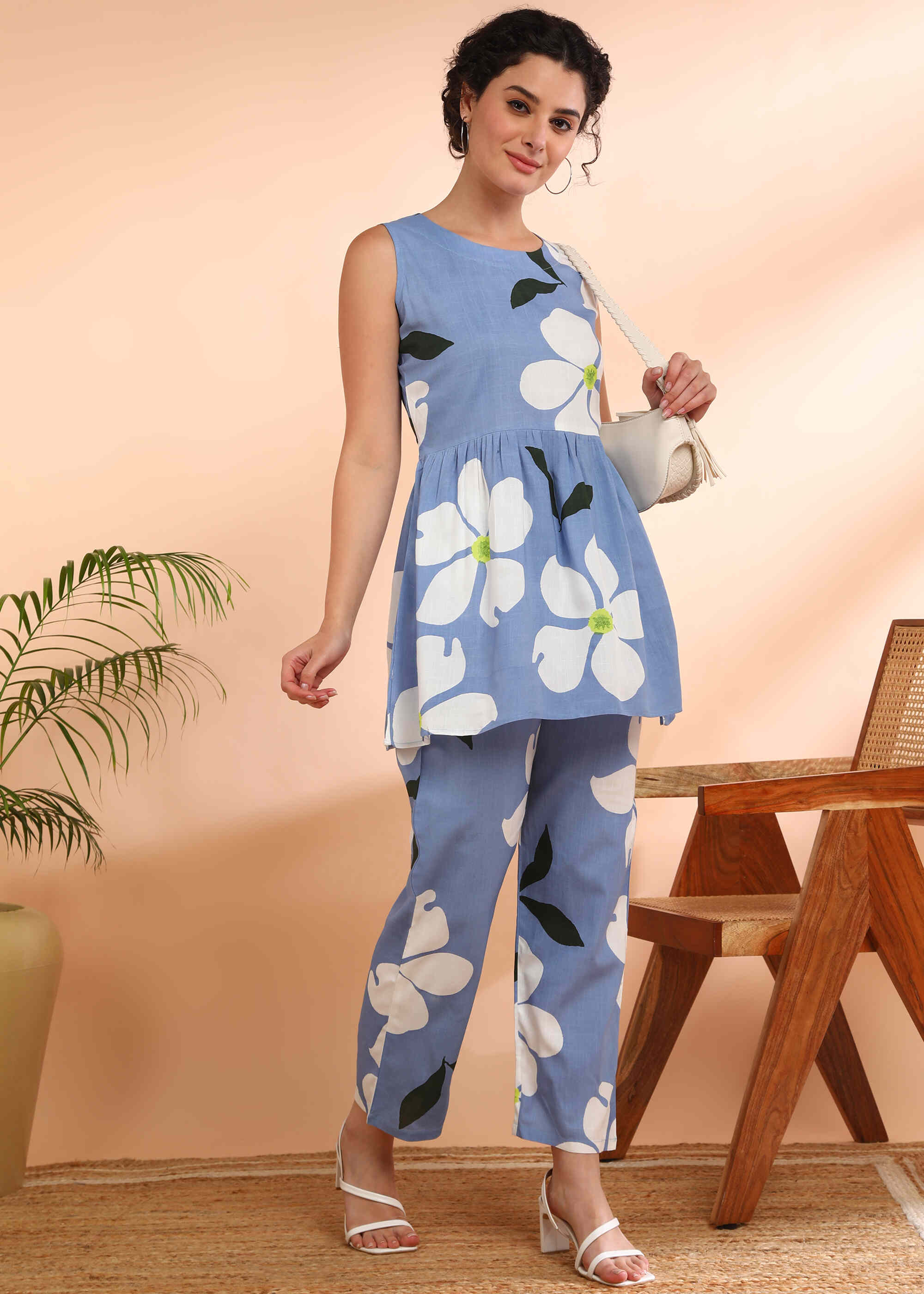 Women Handmade  Rayon  Flared Blue & White Co-ord Set (W1618)