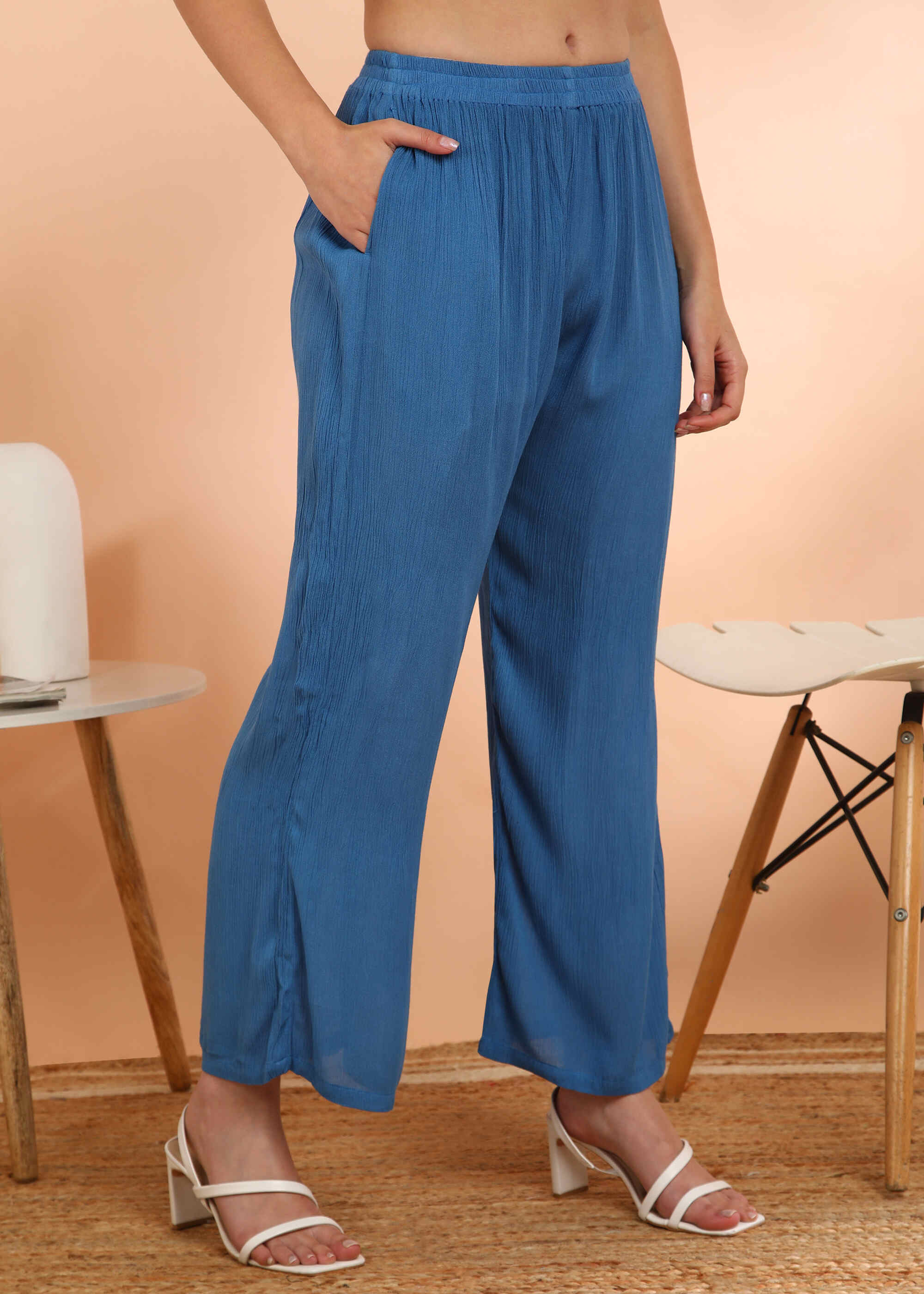 Women Handmade Rayon Crepe Straight Blue Co-ord Set (W1619)