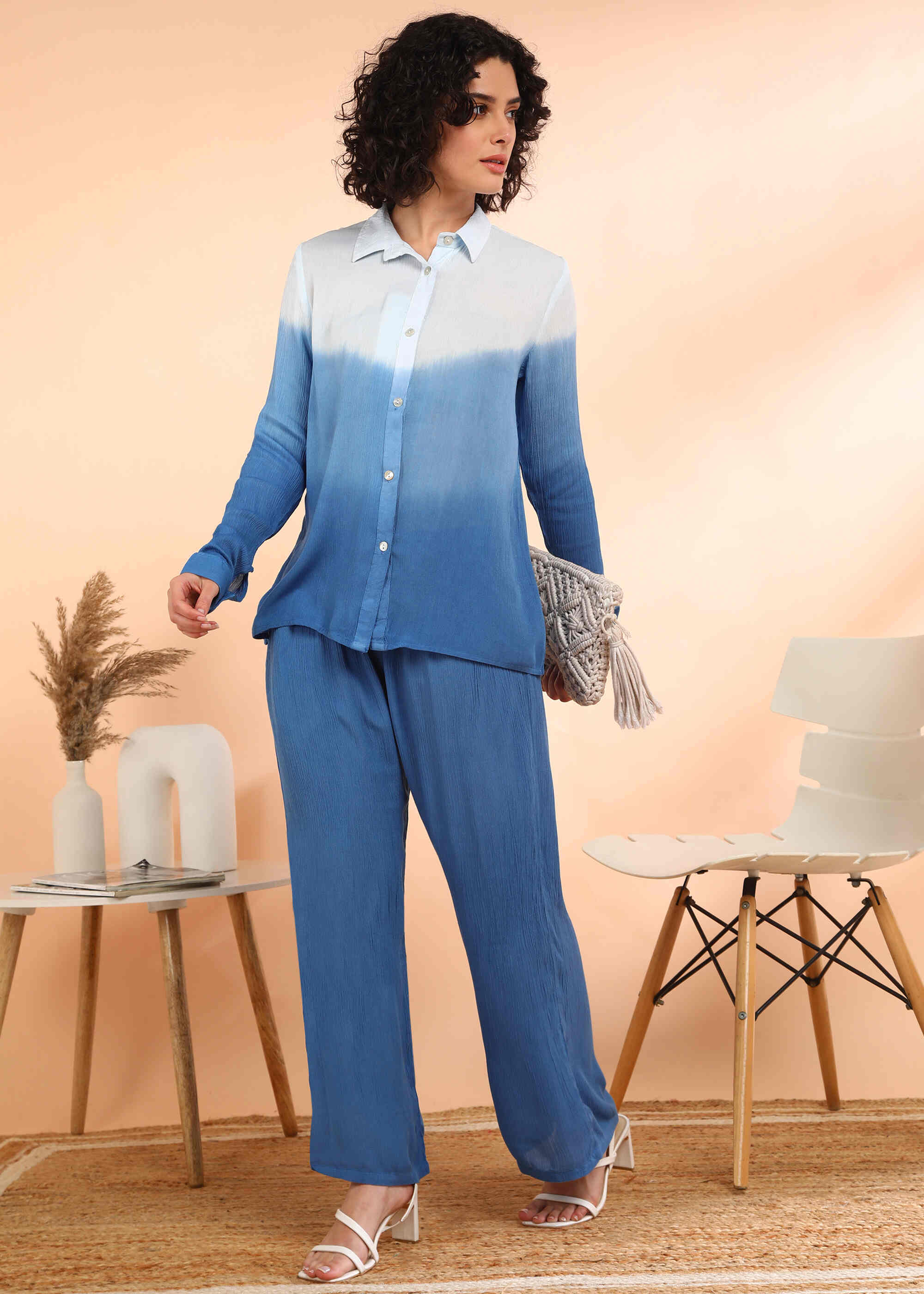 Women Handmade Rayon Crepe Straight Blue Co-ord Set (W1619)