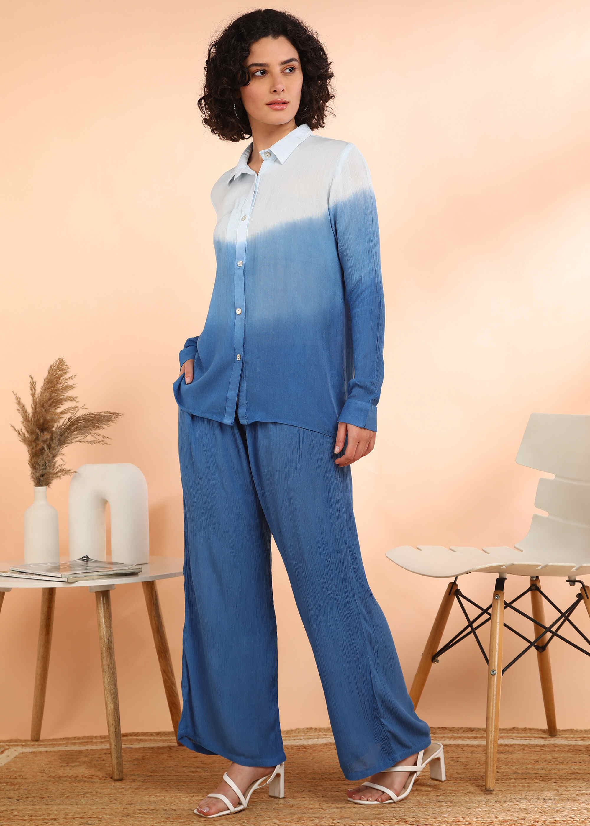 Women Handmade Rayon Crepe Straight Blue Co-ord Set (W1619)