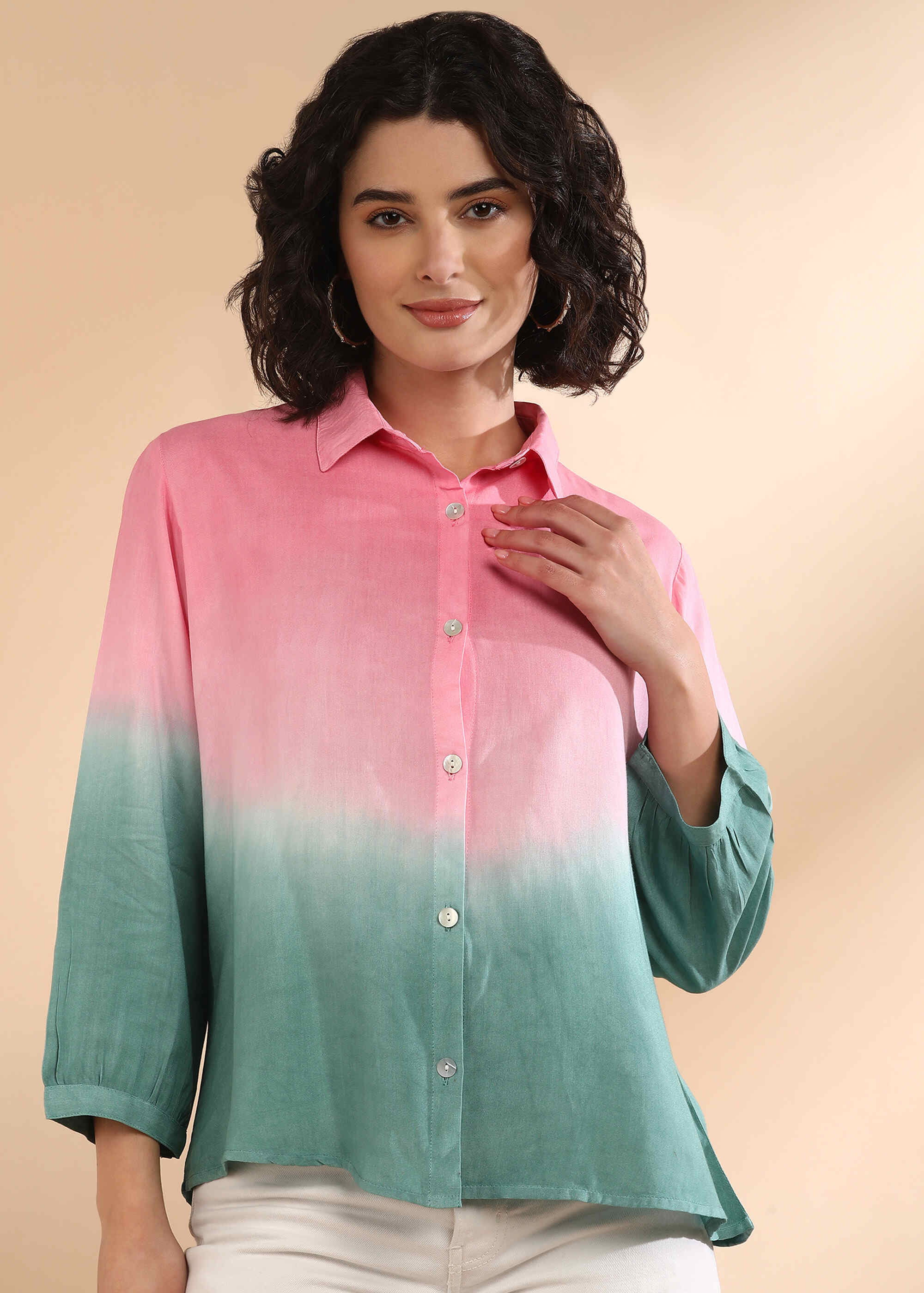 Women Handmade Tie-Dye Rayon Pink Green Shirt (W1627)