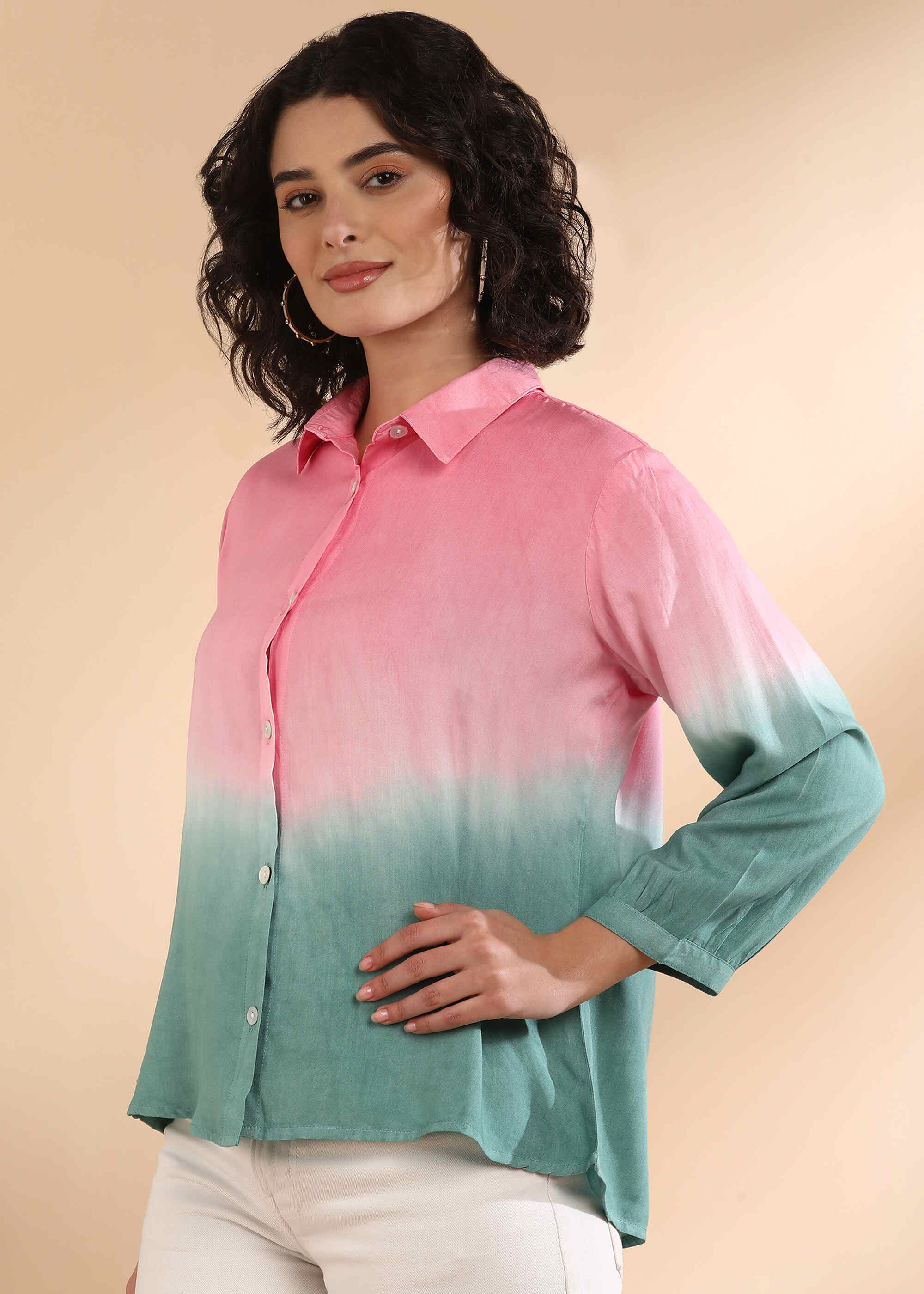 Women Handmade Tie-Dye Rayon Pink Green Shirt (W1627)