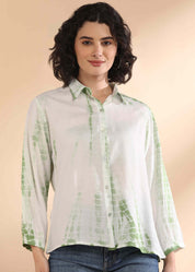 Women Handmade Tie-Dye Rayon White Green Shirt (W1629)