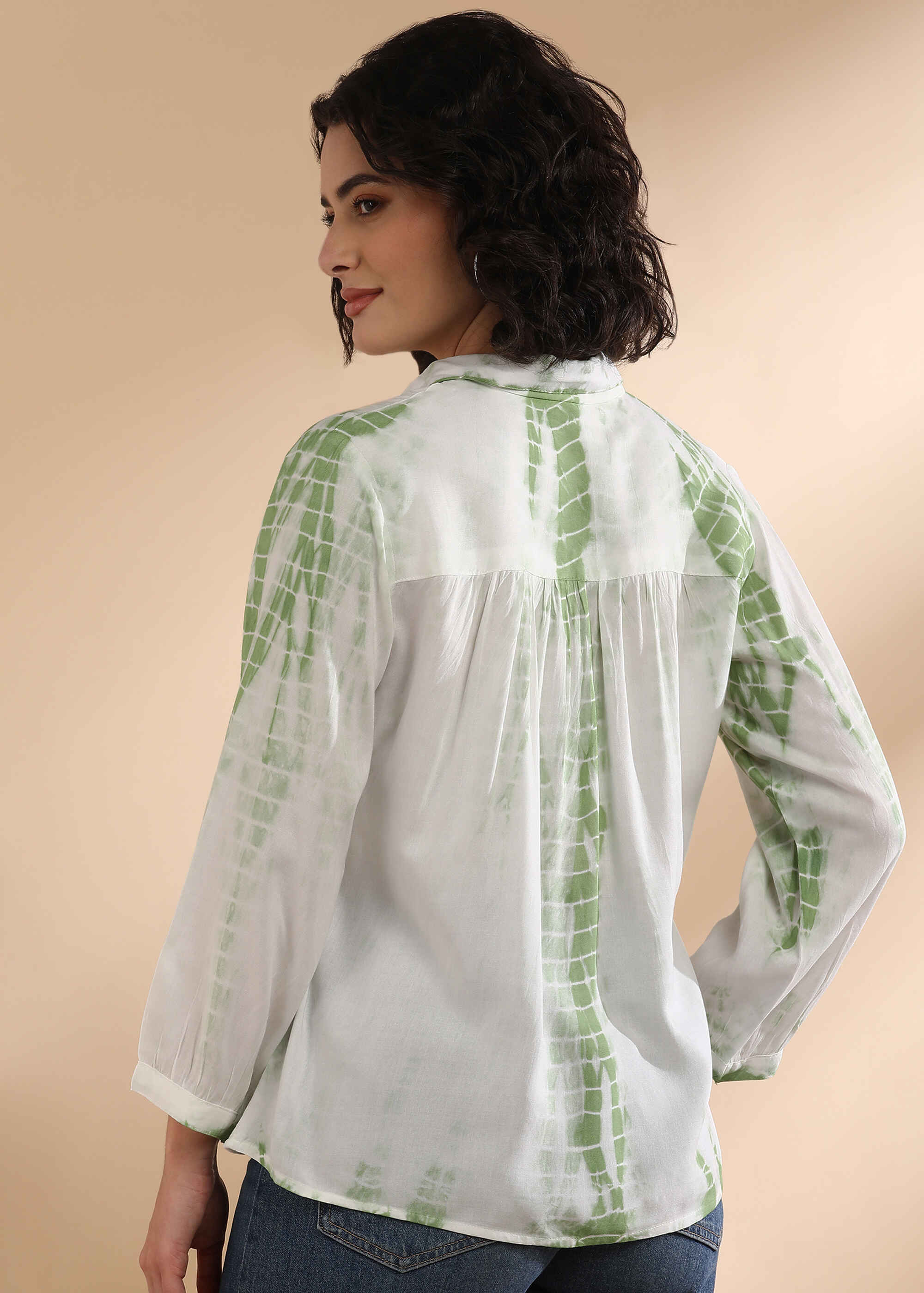 Women Handmade Tie-Dye Rayon White Green Shirt (W1629)