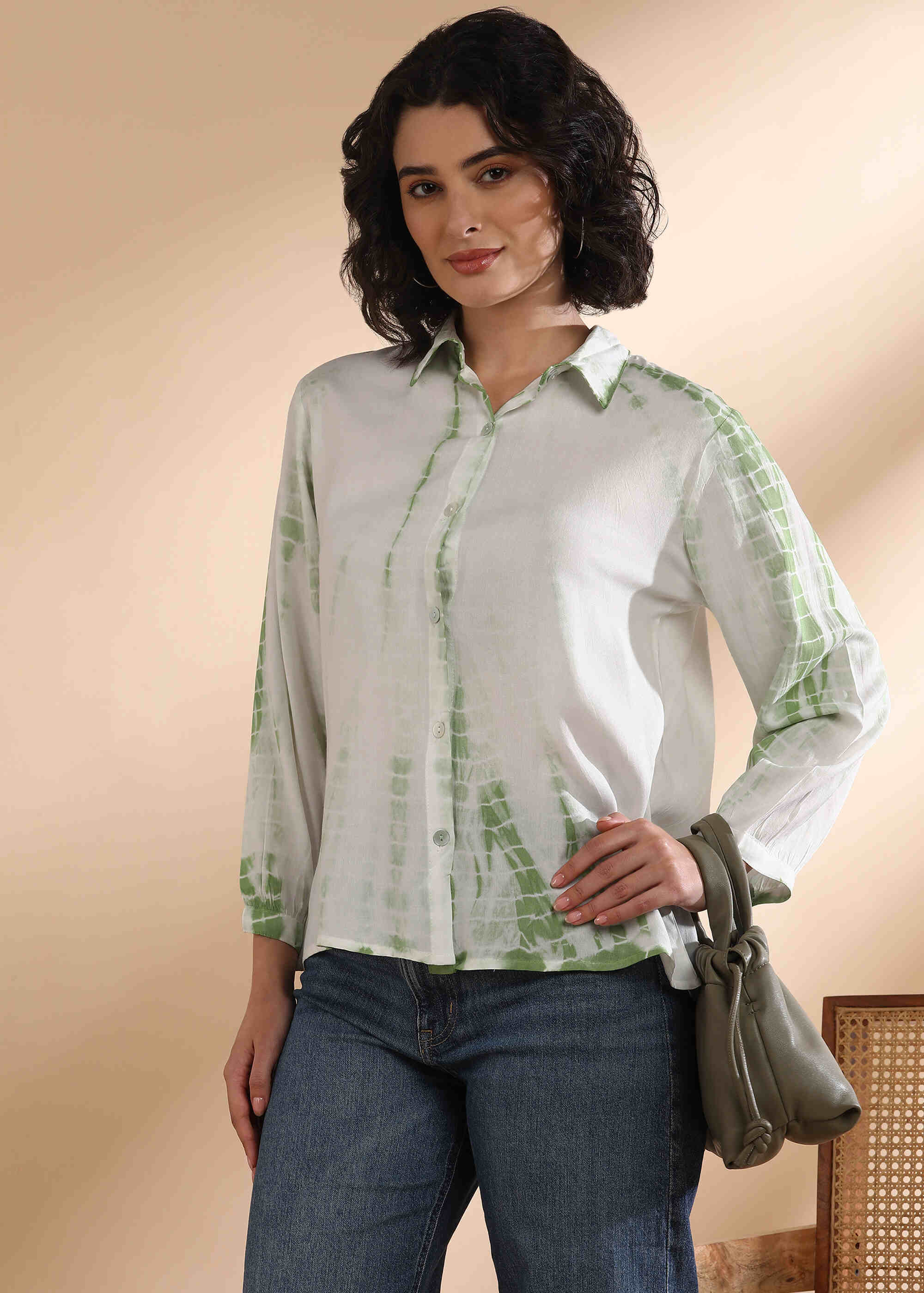 Women Handmade Tie-Dye Rayon White Green Shirt (W1629)