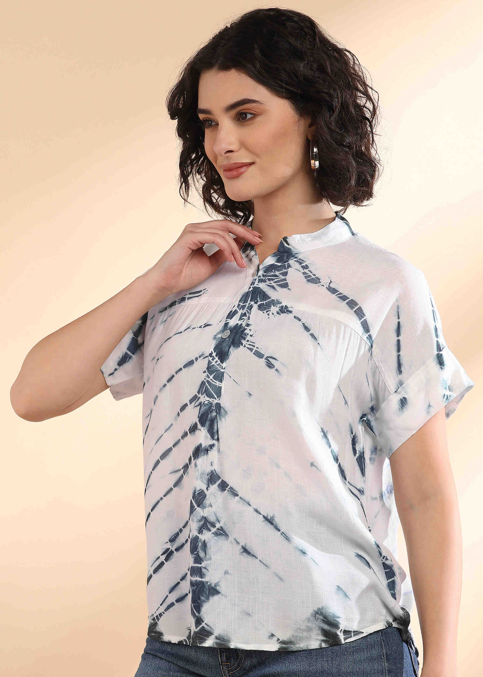 Women Handmade Tie-Dye Rayon White Top (W1633)