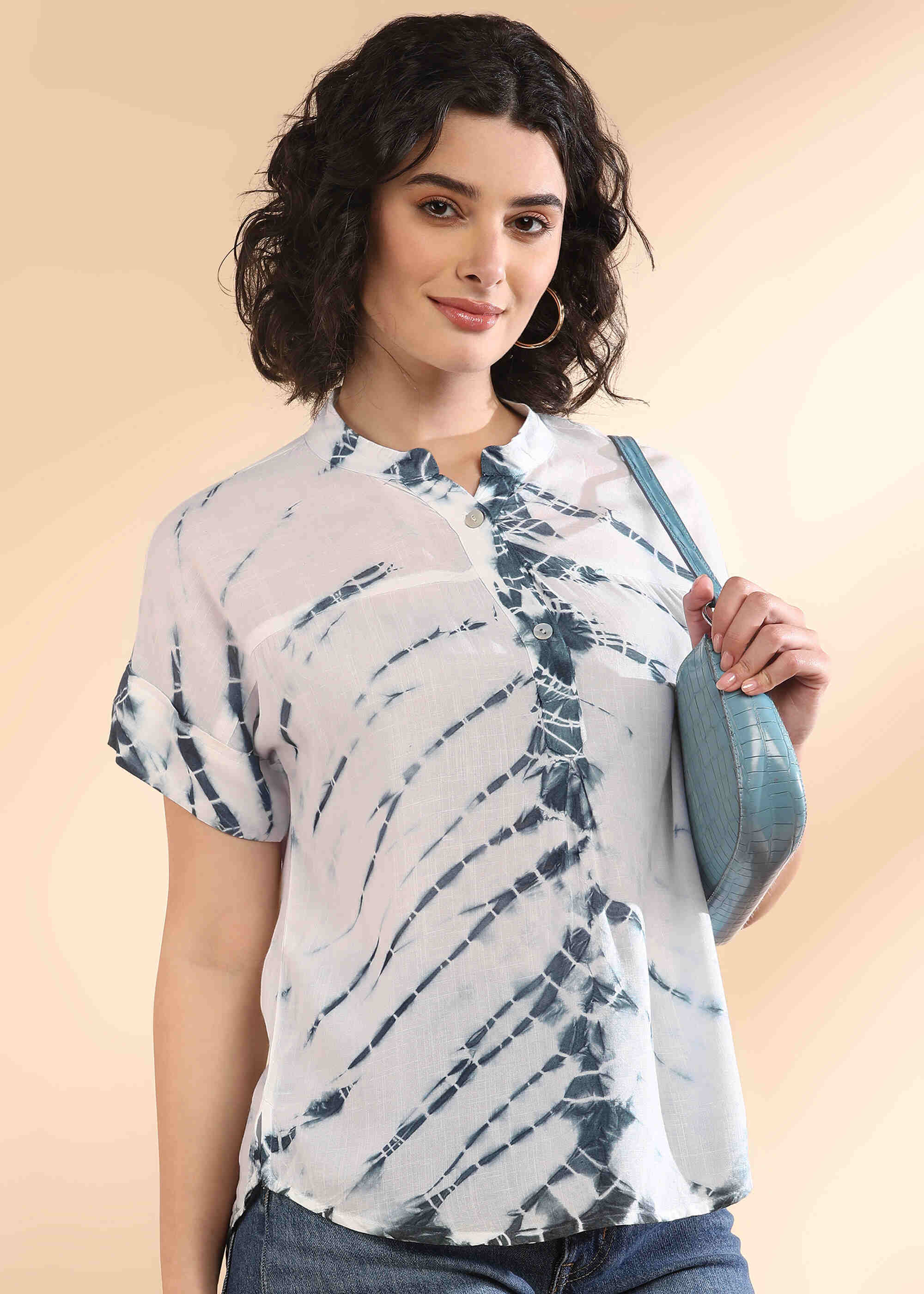 Women Handmade Tie-Dye Rayon White Top (W1633)