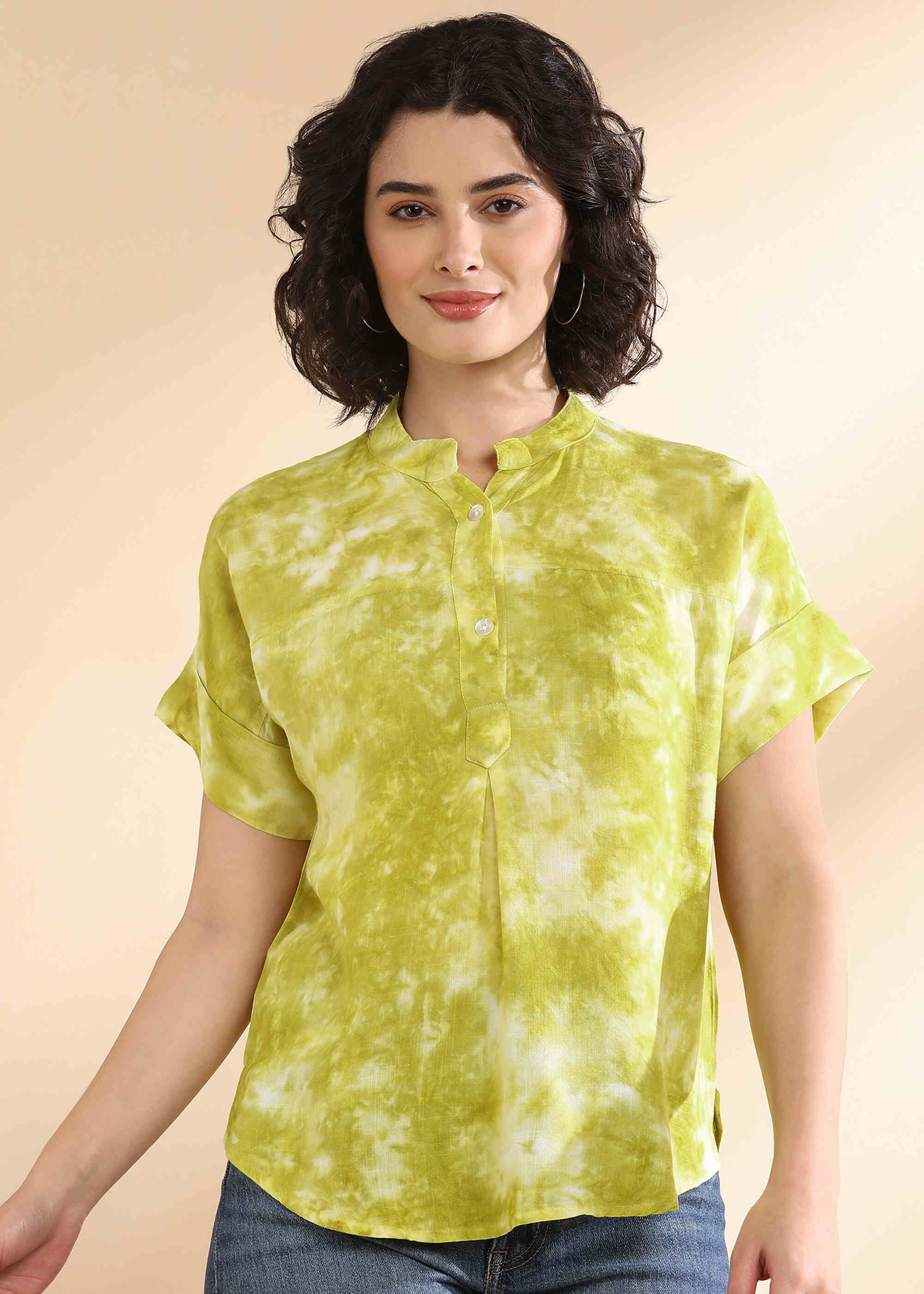 Women Handmade Tie-Dye Rayon Lime Green Top (W1634)