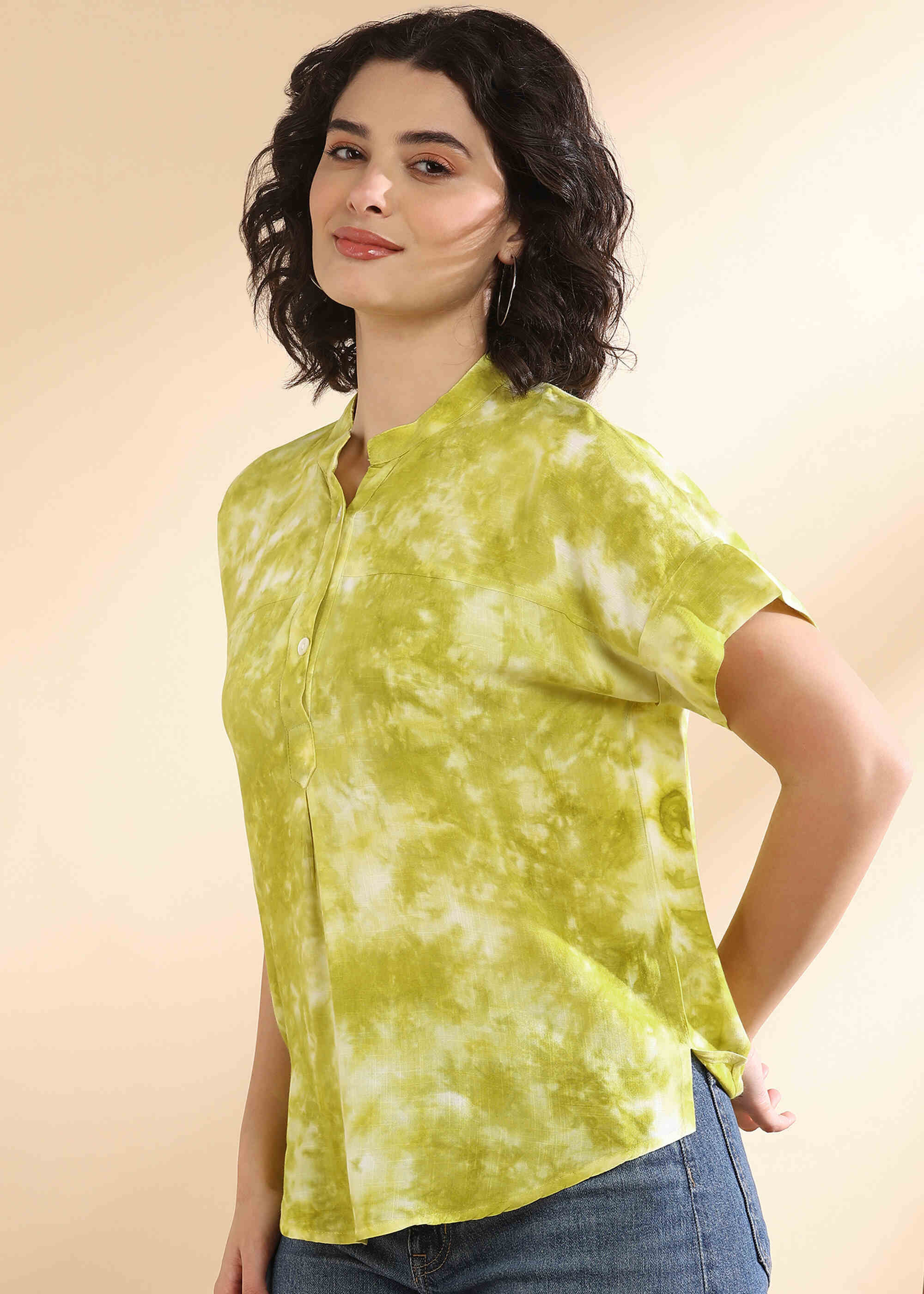 Women Handmade Tie-Dye Rayon Lime Green Top (W1634)