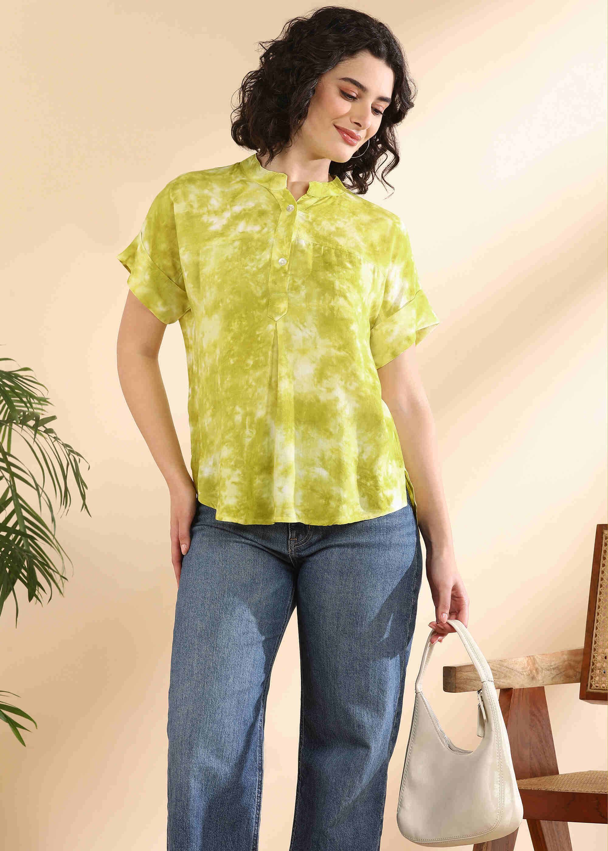 Women Handmade Tie-Dye Rayon Lime Green Top (W1634)