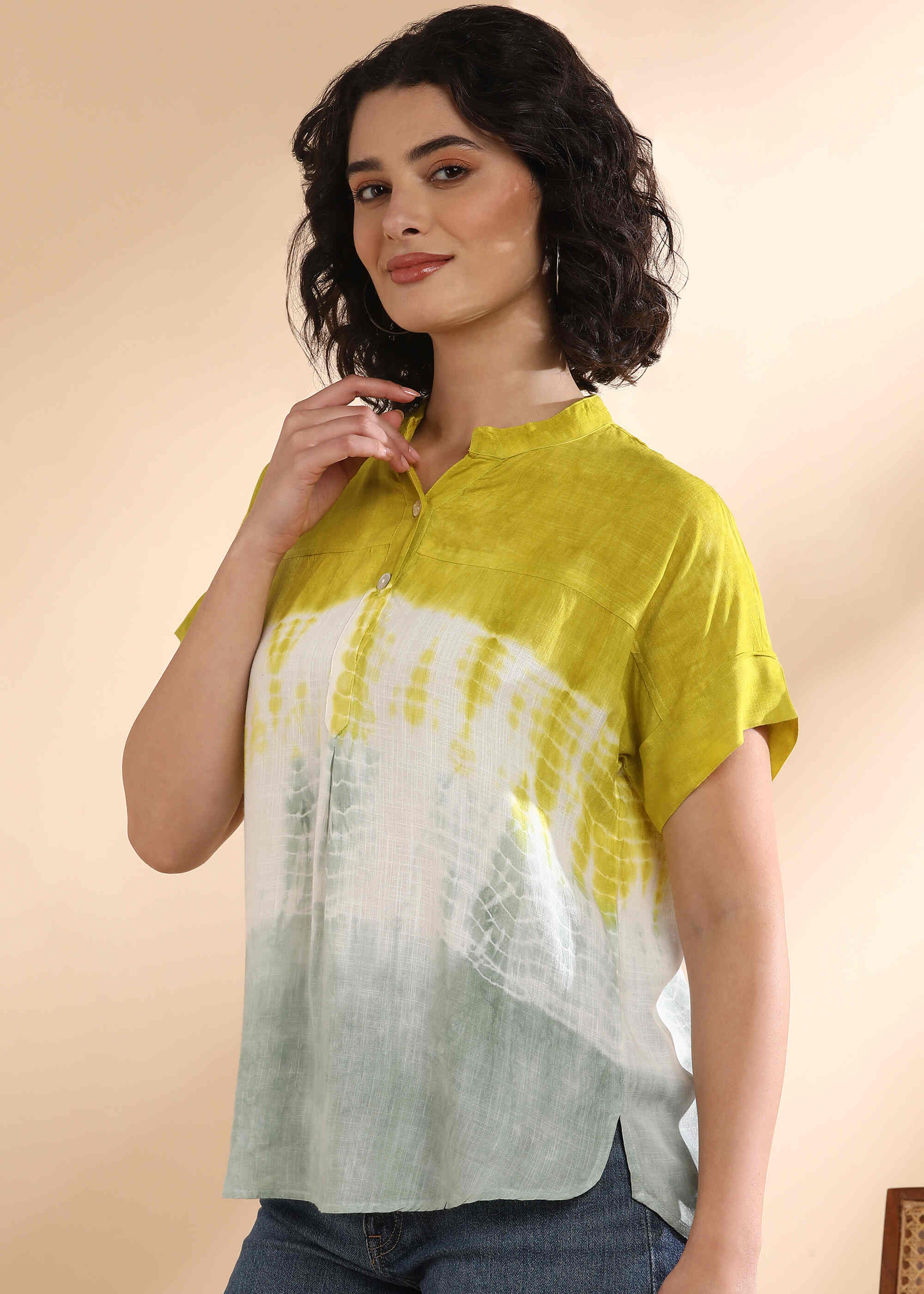 Women Handmade Tie-Dye Rayon Green Top (W1635)