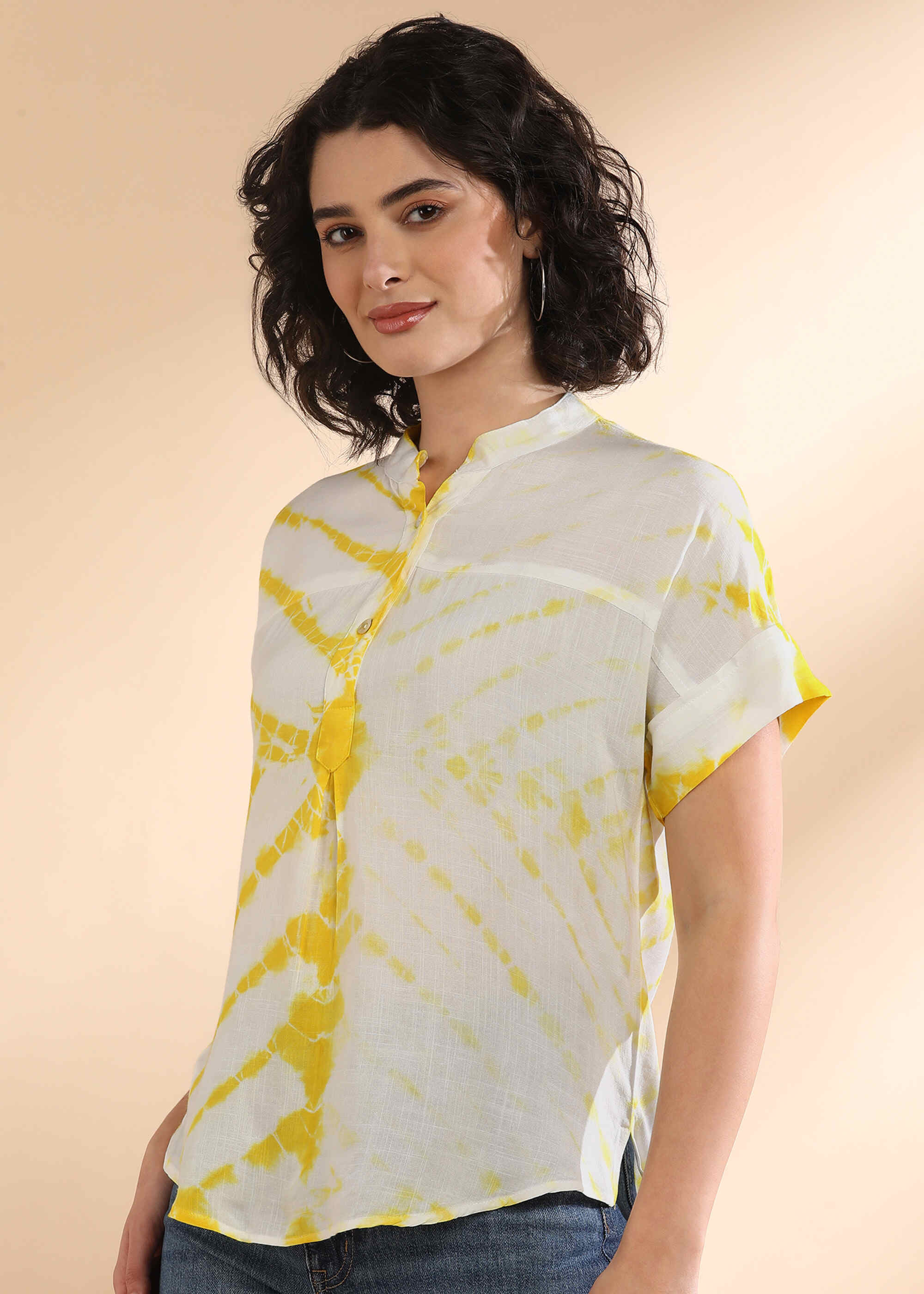 Women Handmade Tie-Dye Rayon Yellow Top (W1636)