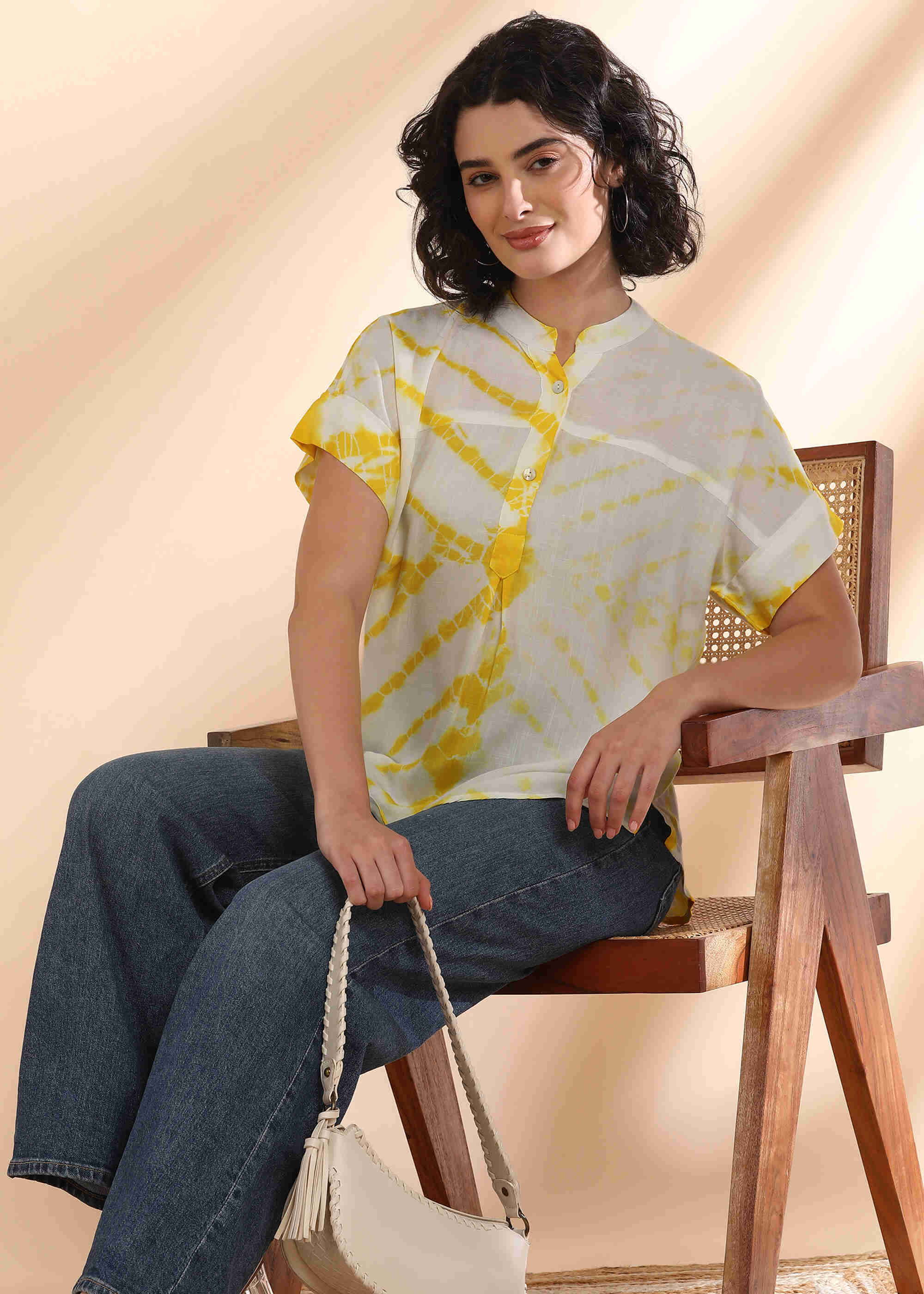 Women Handmade Tie-Dye Rayon Yellow Top (W1636)