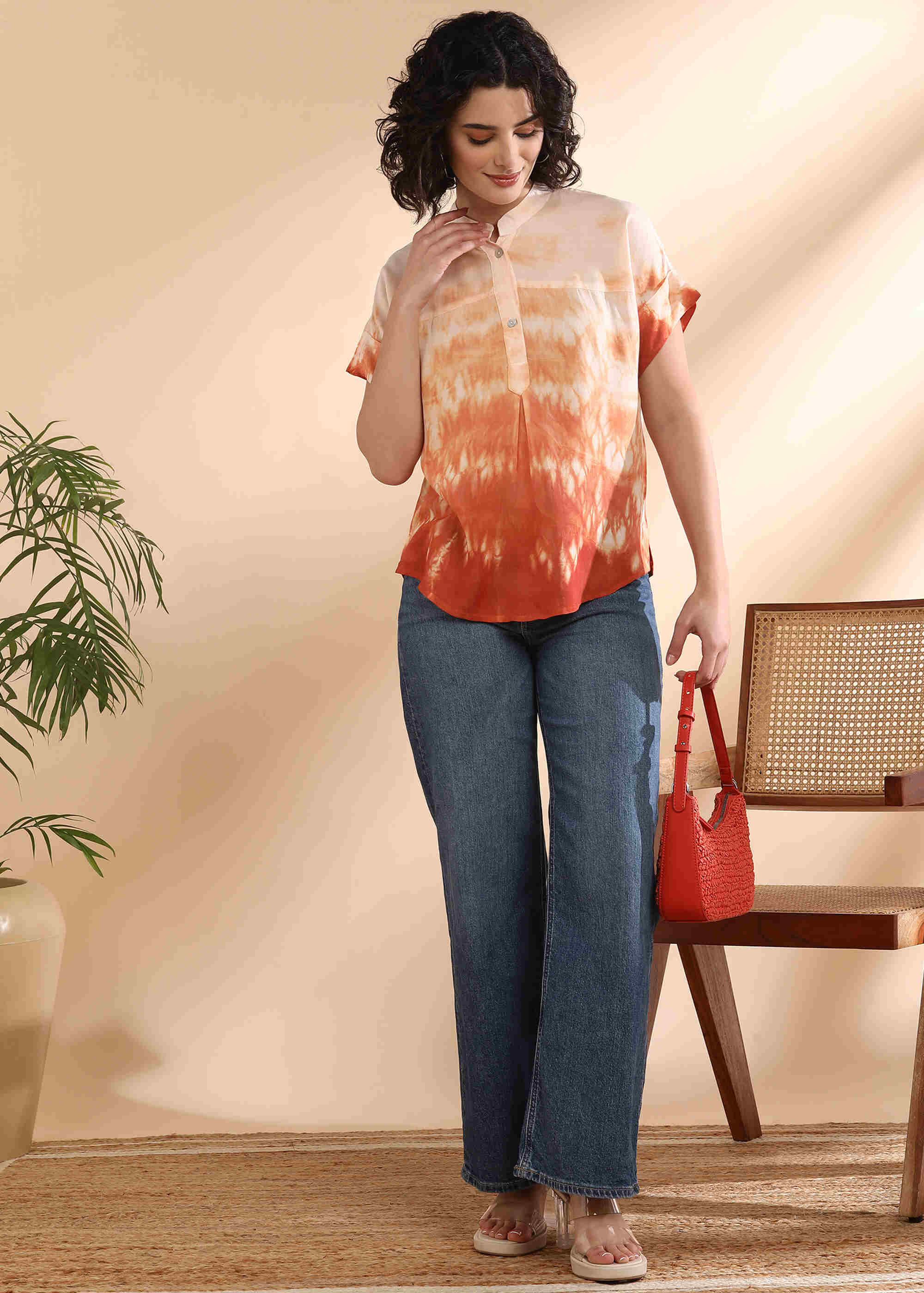 Women Handmade Tie-Dye Rayon Orange Top (W1637)