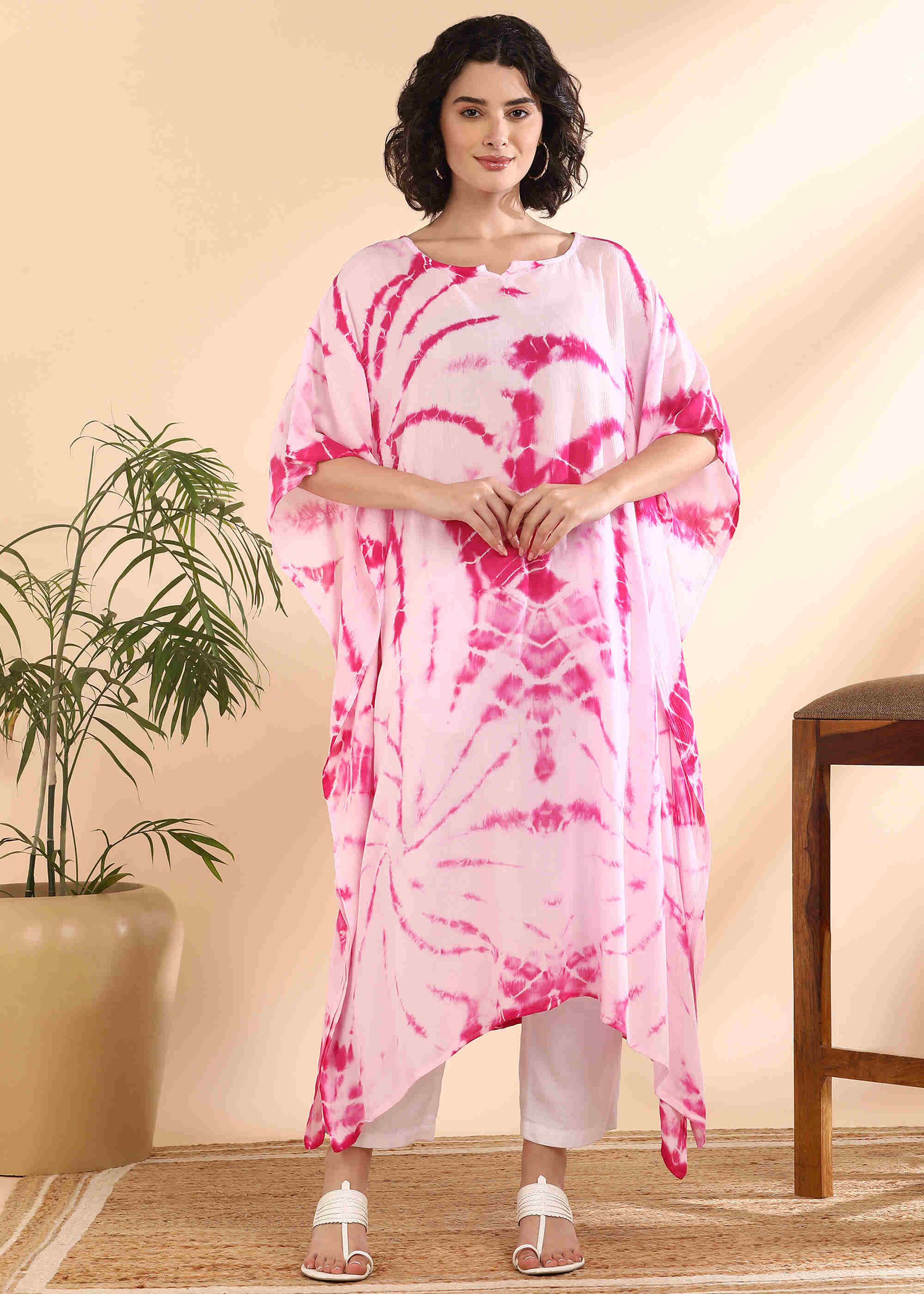 Women Handmade Tie-Dye Rayon Crepe Pink White Kaftan (W1639)