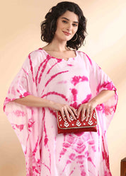 Women Handmade Tie-Dye Rayon Crepe Pink White Kaftan (W1639)