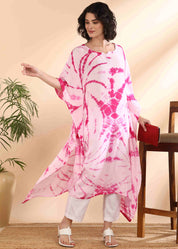 Women Handmade Tie-Dye Rayon Crepe Pink White Kaftan (W1639)