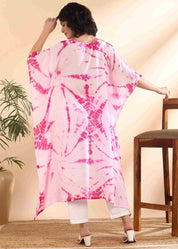 Women Handmade Tie-Dye Rayon Crepe Pink White Kaftan (W1639)