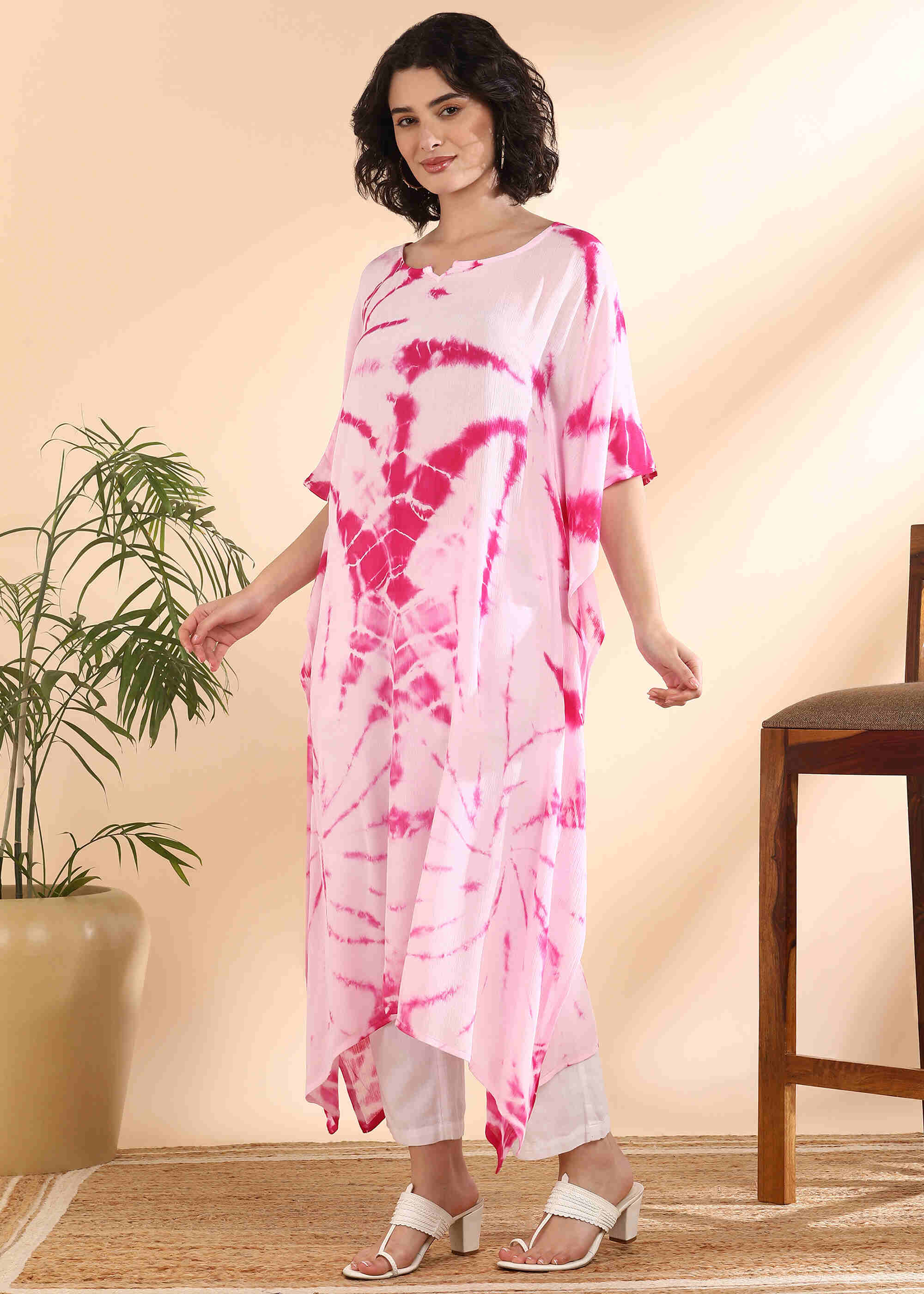 Women Handmade Tie-Dye Rayon Crepe Pink White Kaftan (W1639)