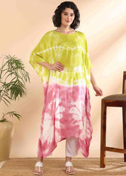 Women Handmade Tie-Dye Rayon Crepe Green Pink Kaftan (W1640)