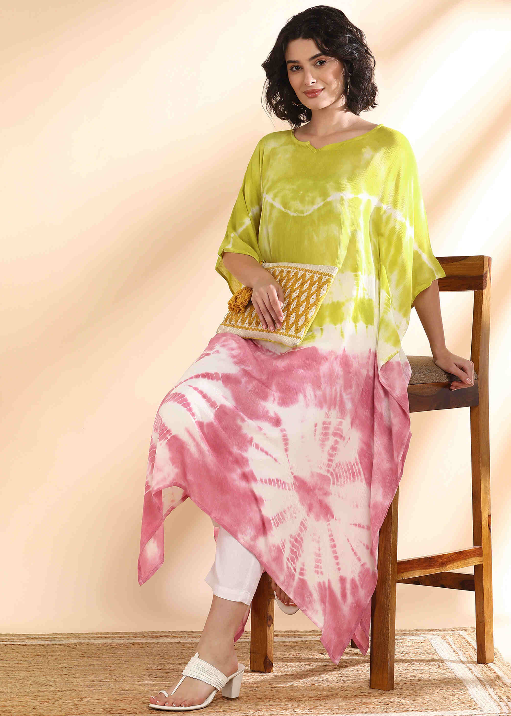 Women Handmade Tie-Dye Rayon Crepe Green Pink Kaftan (W1640)