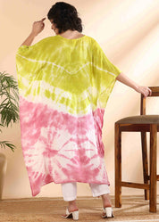 Women Handmade Tie-Dye Rayon Crepe Green Pink Kaftan (W1640)