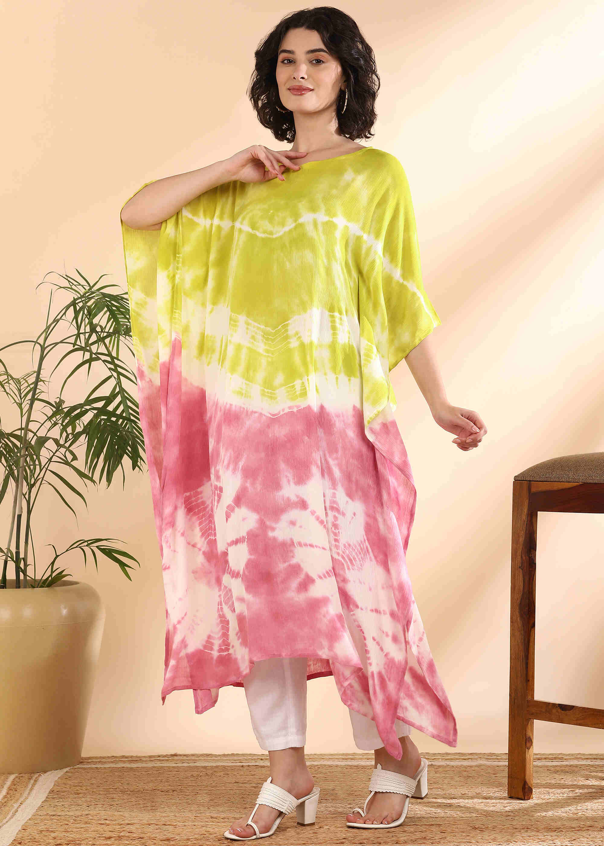 Women Handmade Tie-Dye Rayon Crepe Green Pink Kaftan (W1640)