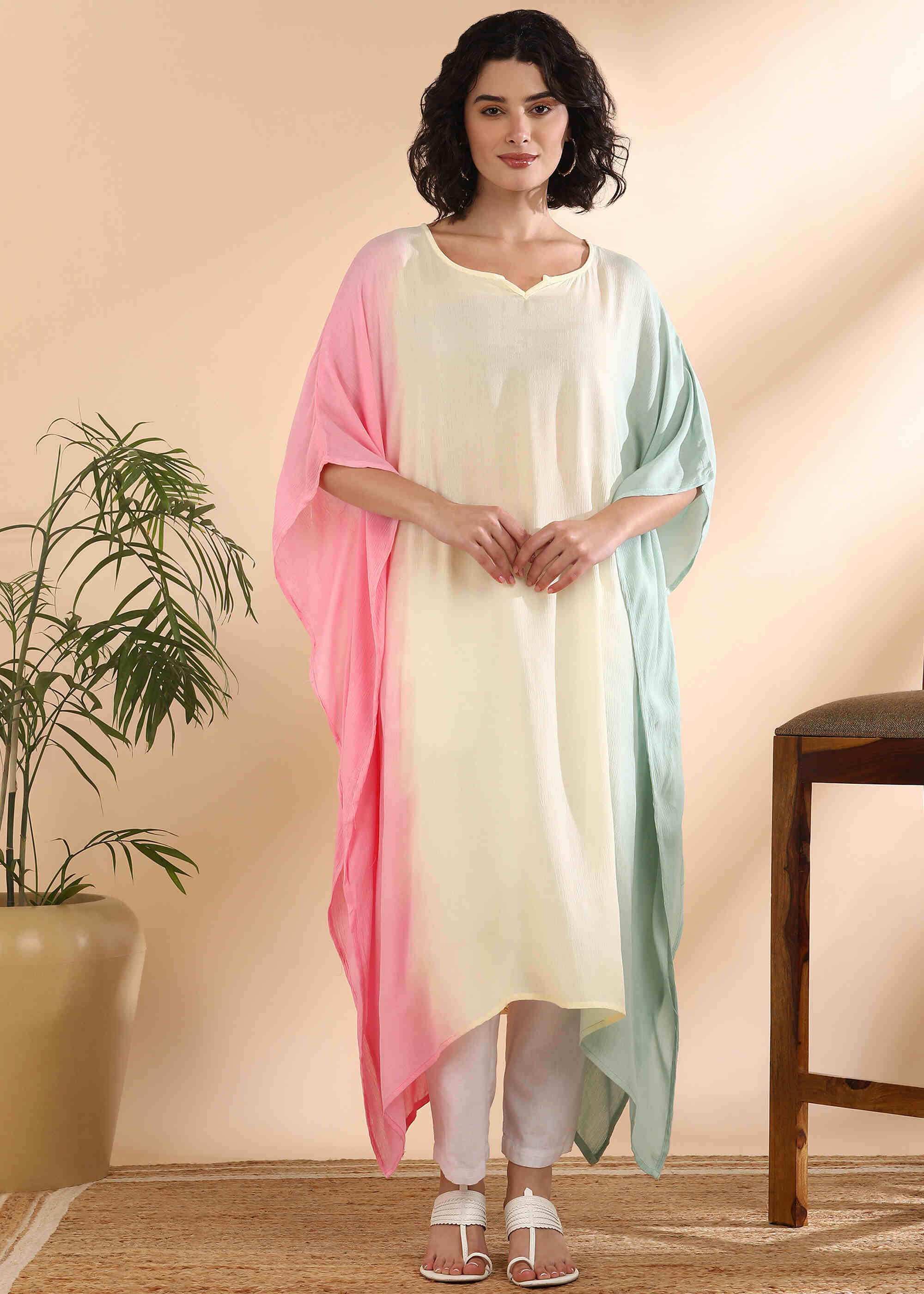 Women Handmade Tie-Dye Rayon Crepe Multi Kaftan (W1641)