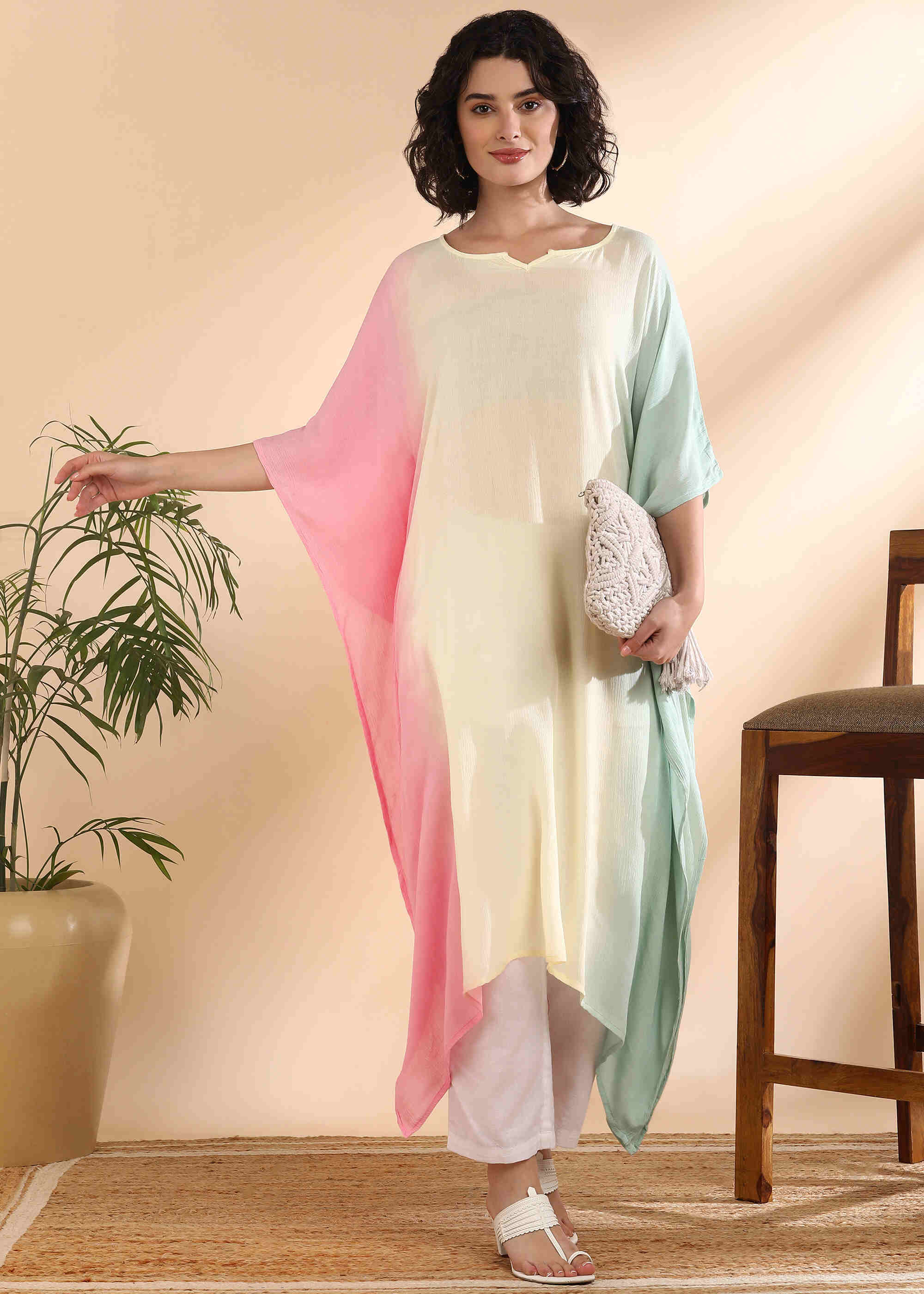 Women Handmade Tie-Dye Rayon Crepe Multi Kaftan (W1641)