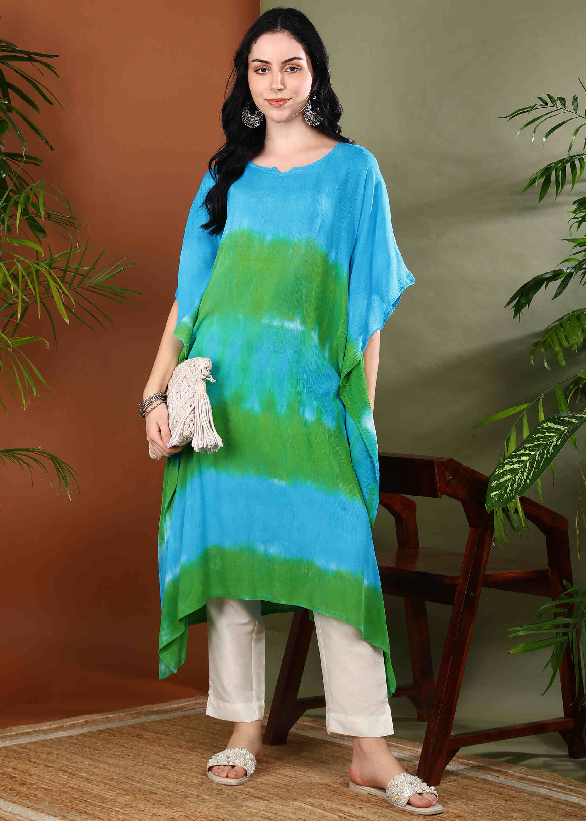 Women Handmade Tie-Dye Rayon Crepe Multi Kaftan (W1642)