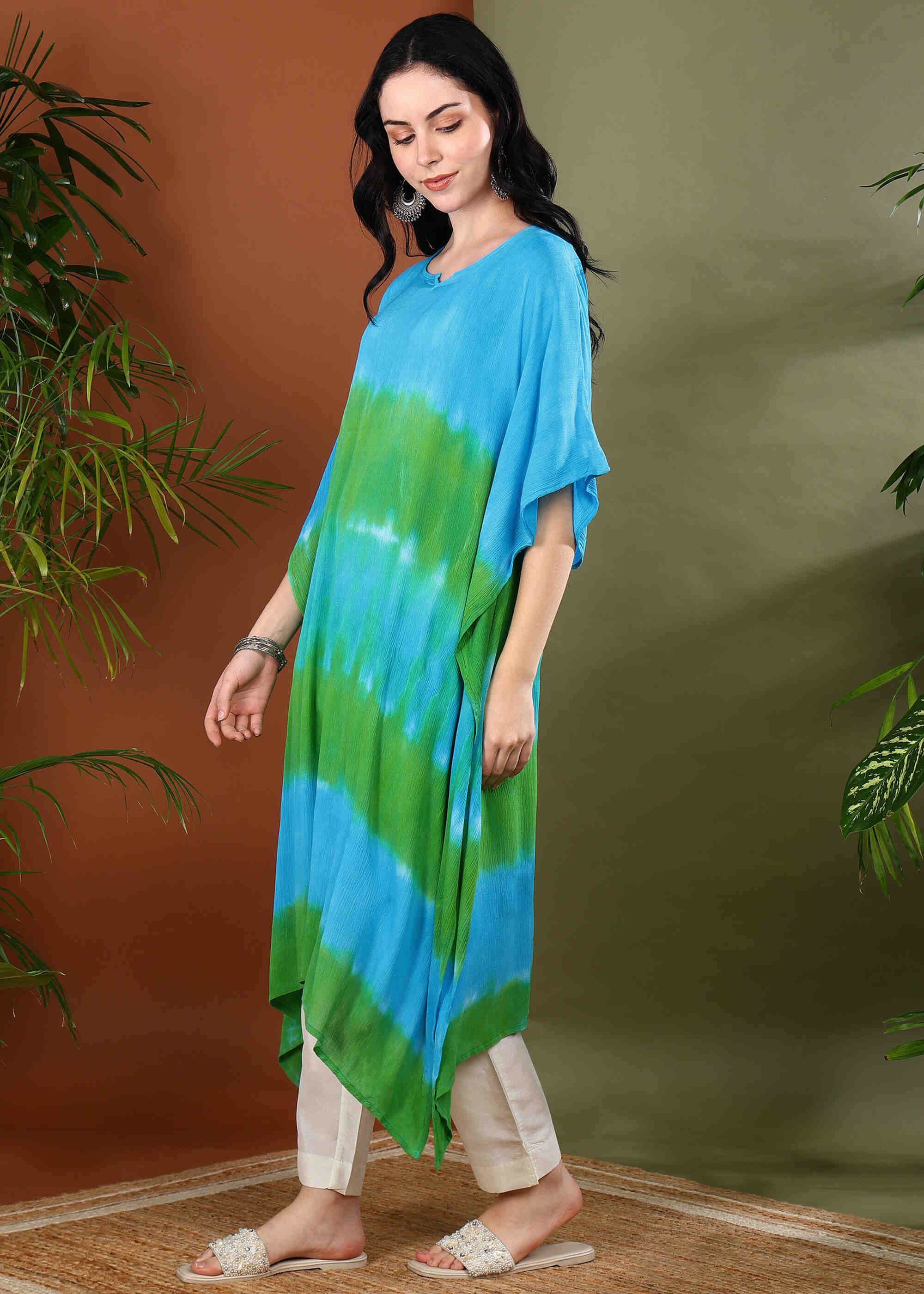 Women Handmade Tie-Dye Rayon Crepe Multi Kaftan (W1642)