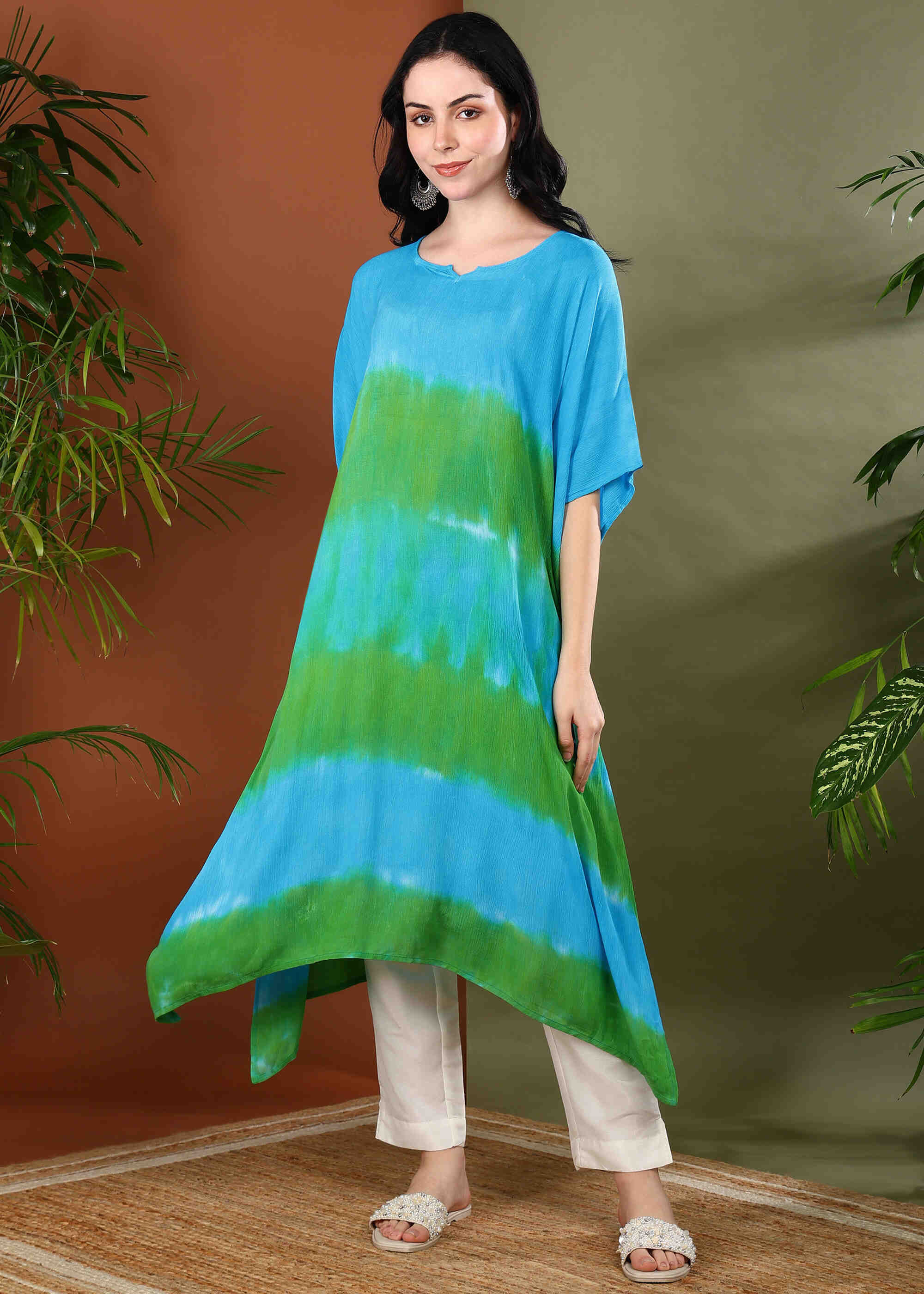 Women Handmade Tie-Dye Rayon Crepe Multi Kaftan (W1642)