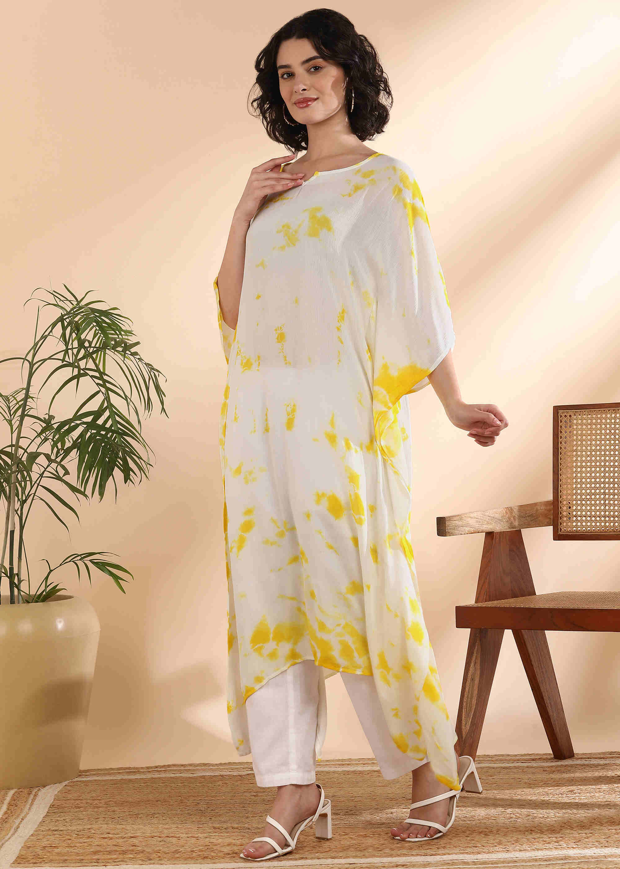 Women Handmade Tie-Dye Rayon Crepe White Kaftan (W1643)